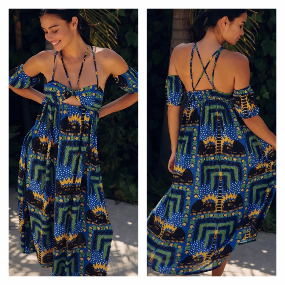 ANTHROPOLOGIE | Joao Incerti Strappy Bandeau Dress Blue Tribal Cutout